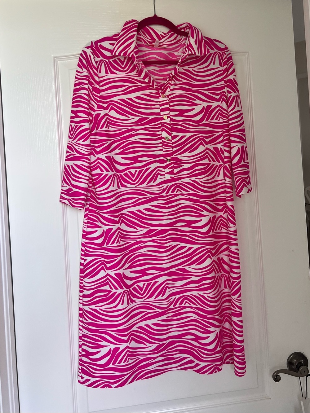 Jude Connally Pink and White Zebra-Print Shirt Dress